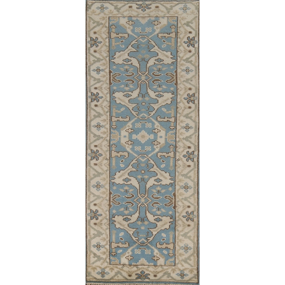 Light Blue Transitional Oushak Indian Runner Rug Handmade Wool Carpet - 2'5"x 7'9"