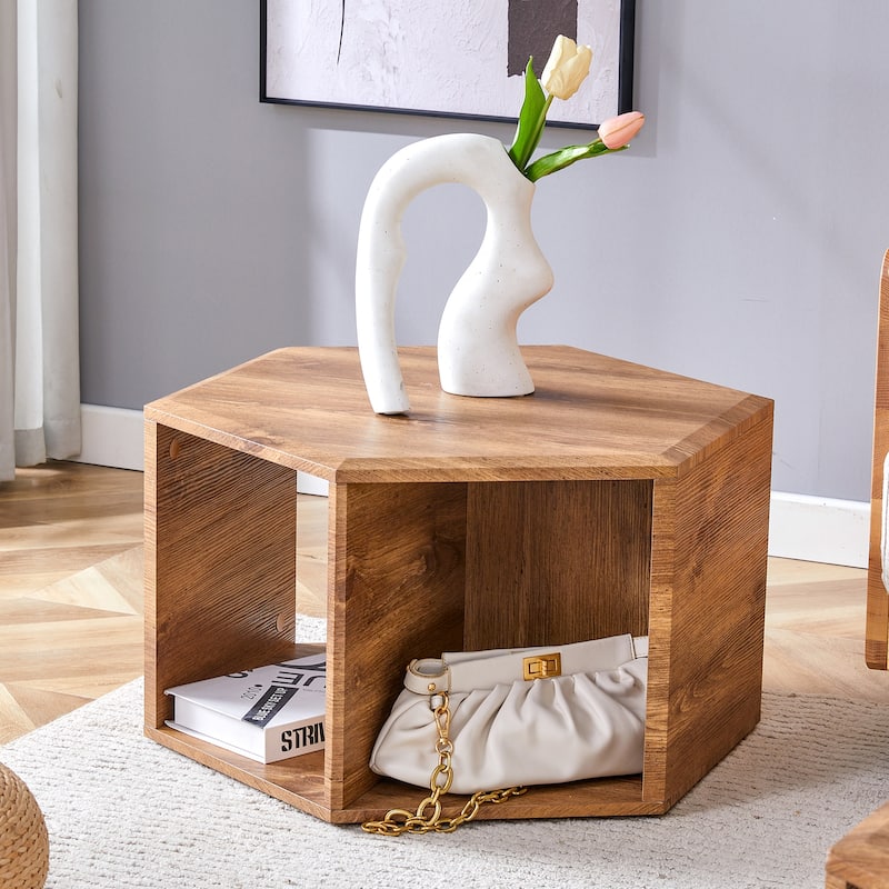 Hexagonal Coffee Table with Open Storage Space Multifunctional Wooden Side Table Small Apartment Center Table