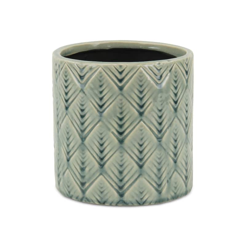 HomeRoots 6" Green Geometric Ceramic Indoor Outdoor Round Pot Planter