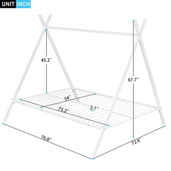 dimension image slide 0 of 3, Full Size Bed Tent Frame with Metal Floor Playhouse, Slat Support for Kids' Bedroom Furniture, No Box Spring Required
