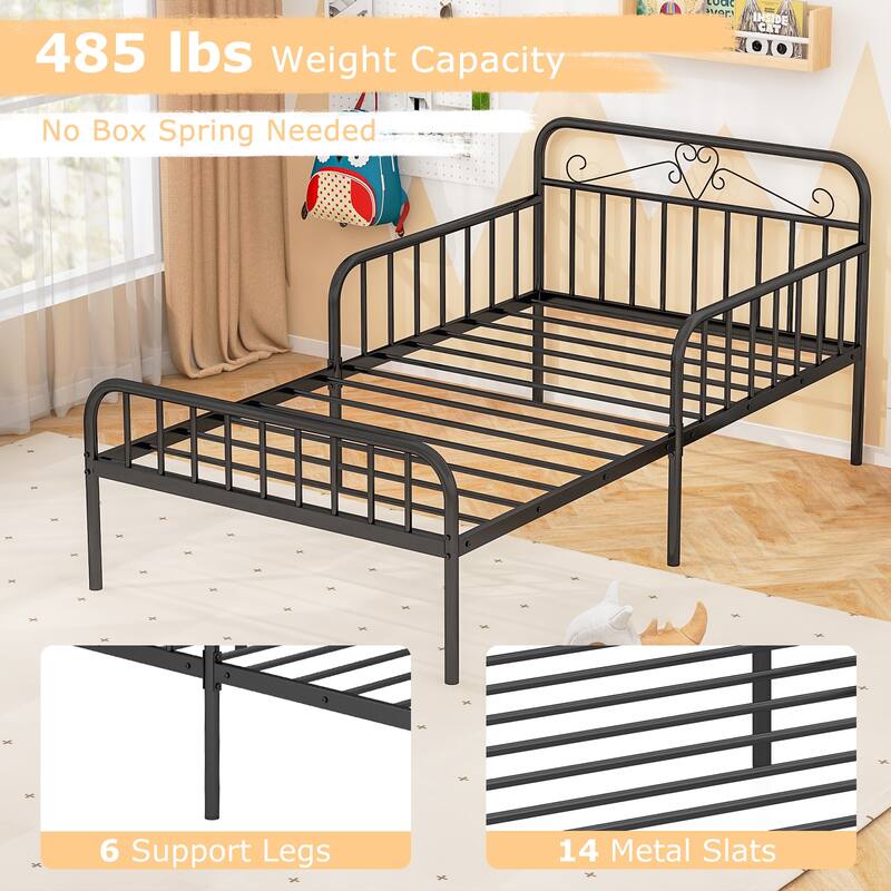 14 Metal Slats Twin Size Bed Frame with Headboard and Safety Side Guardrails