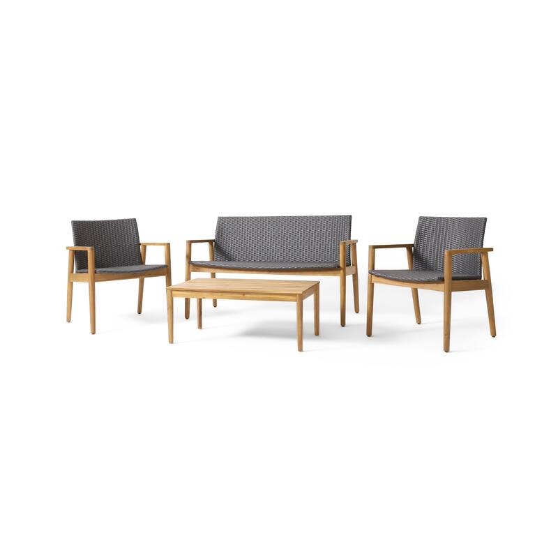 Outdoor 4 Piece Acacia Wood Chat Set 4 Seater Patio Rattan Chair Set w/Coffee Table - Teak+Black