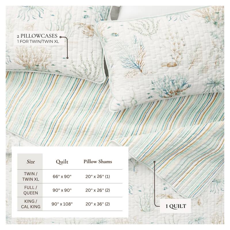 Linery & Co. Cotton Stitched Reversible Coastal 3 Piece Quilt and Sham Set