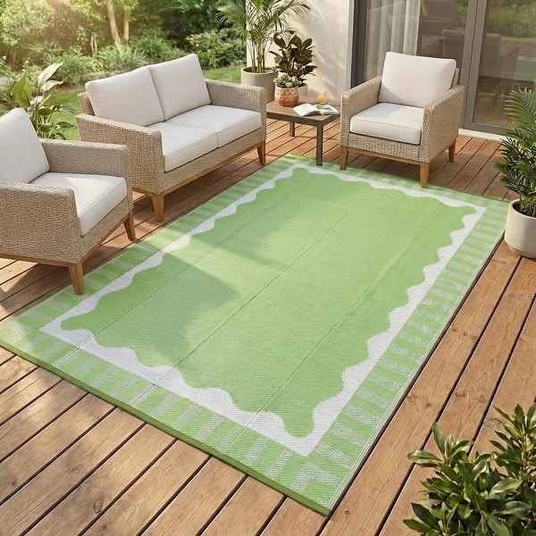 Large Scalloped Outdoor Rug Patio Rugs Outdoor Waterproof, Reversible Plastic Straw Camping Rug, Modern Bordered Outdoor - Light Green - 8' x 10'