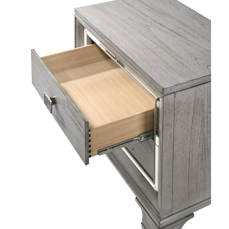 Contemporary Light Gray Brown Nightstand, 2 Drawers, Mirrored Accents, Solid Wood - LIGHT GREY