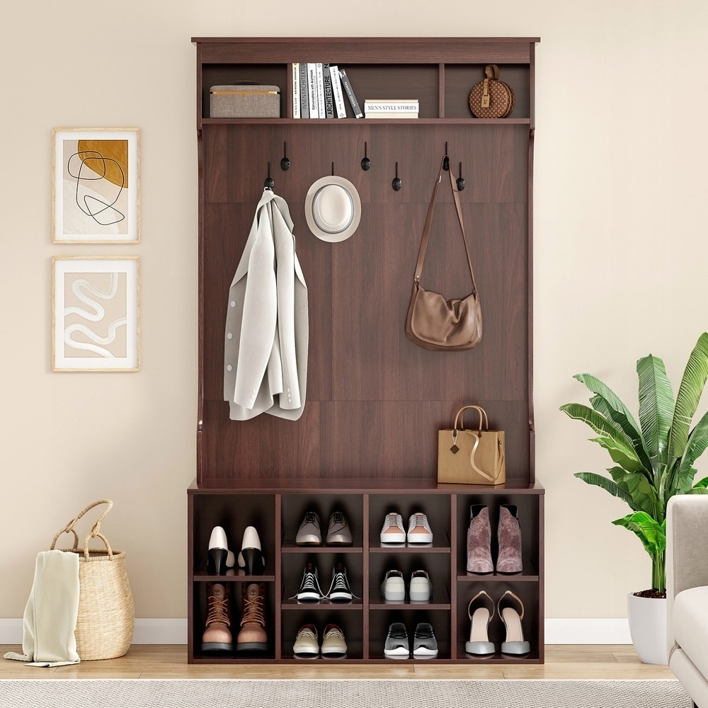 Freestanding Entryway Bench with 7 Coat Racks and Seatin