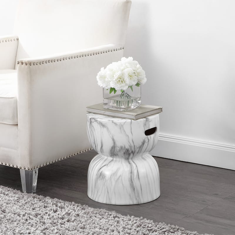 Xenia 14.75" Contemporary Modern Marble Glaze Drum Indoor/Outdoor Garden Stool, White/Gray, by JONATHAN Y