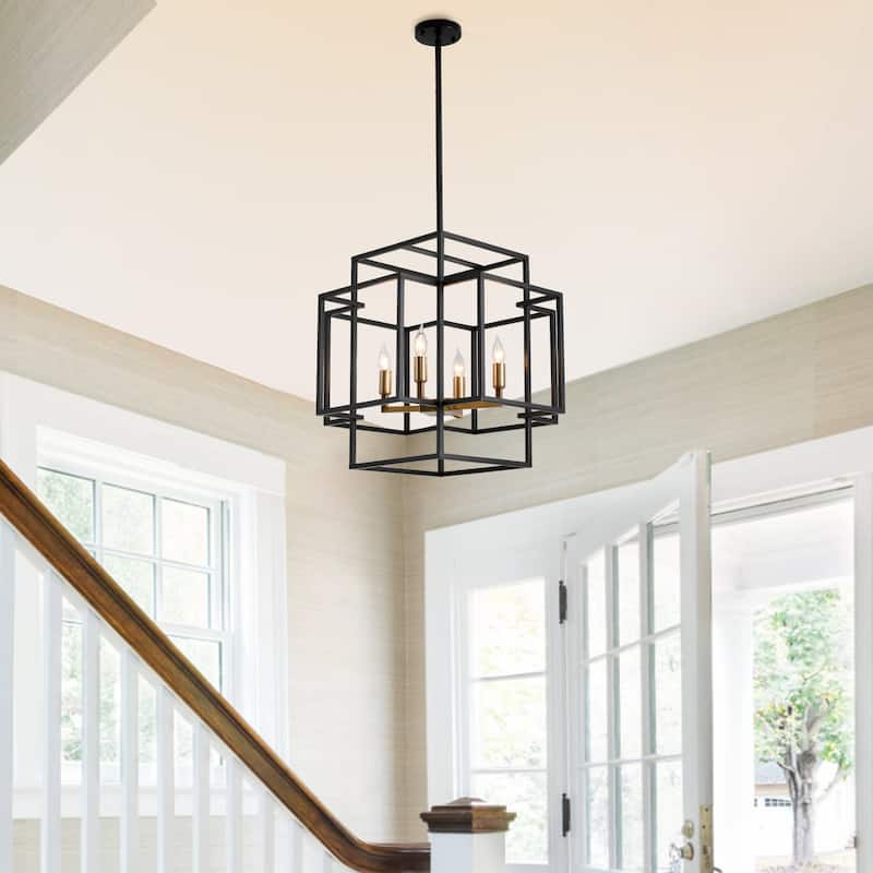 4-Light Metal Tiered Rectangle Lantern Chandelier - Black&Gold