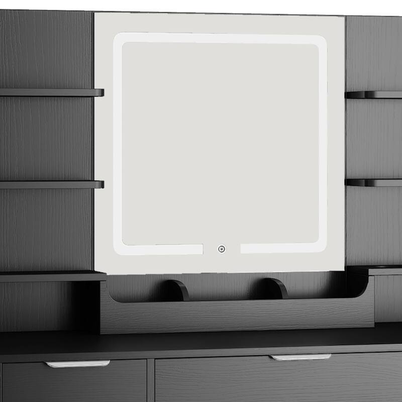 Moasis 9 Drawers Bedroom Vanity Desk,Makeup Vanity with Lighted Mirror and 9 Open Shelves