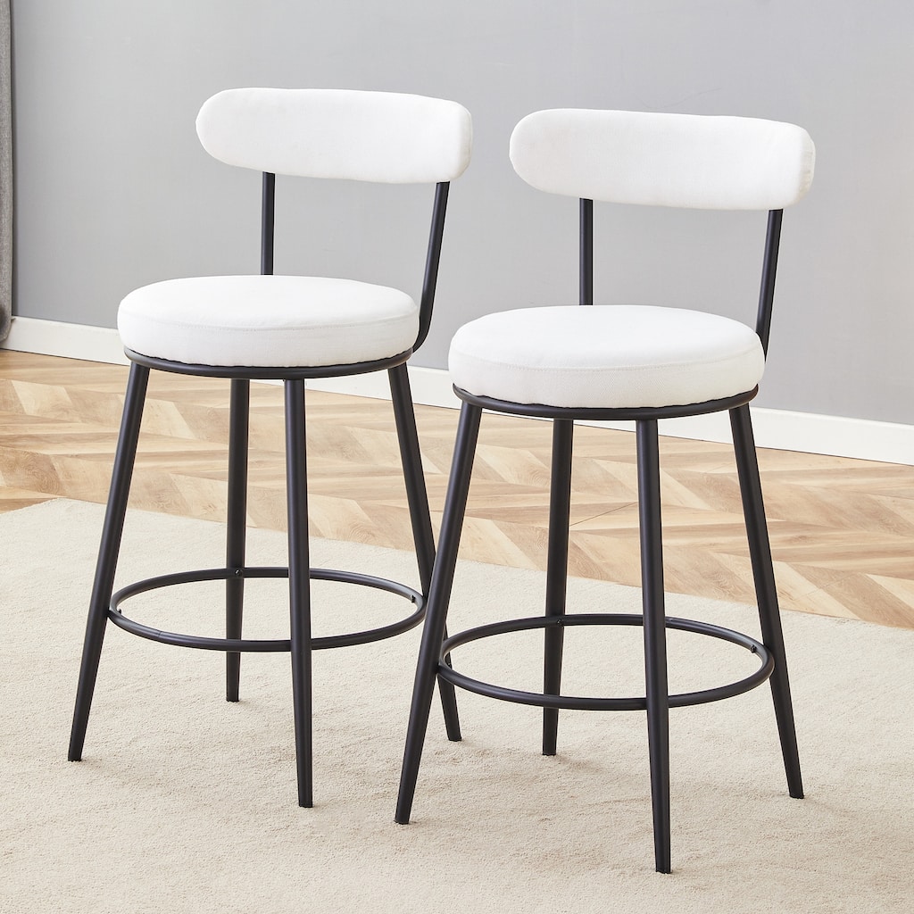 Anmytek 2-Piece Ergonomic High-Legged Bar Stools Upholstered White Fabric Cushions