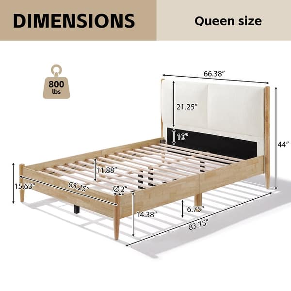 dimension image slide 2 of 3, Christopher Knight Home - Elara Bed with Solid Rubberwood Frame, Boucle Upholstered Headboard