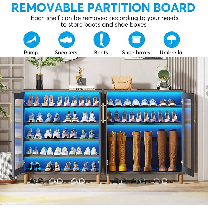 5-Tier Wood Shoe Rack with Acrylic Doors and LED Light for Entryway