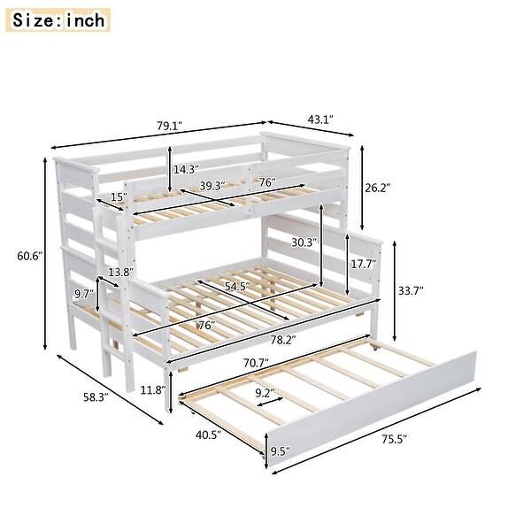Modern Twin Over Full Bunk Bed With Twin Size Trundle,Sturdy Frame,s