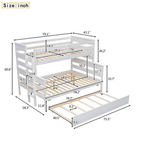 dimension image slide 0 of 2, Wood Twin over Full Bunk Bed with Twin Trundle, Guard Rails, and Sturdy Pine Frame for Bedroom, Grey