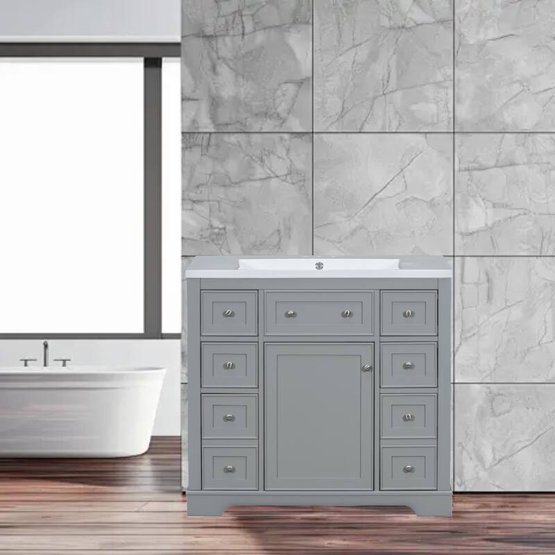 Modern 36" Freestanding Bathroom Vanity with Sink, Cabinet, Drawers & Adjustable Shelf - Grey
