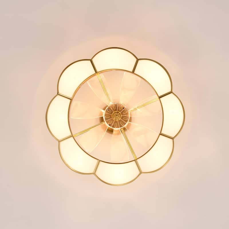 Strancta Scalloped Round White Gold Trim Tiffany Glass Lighted Ceiling Fandelier with Remote