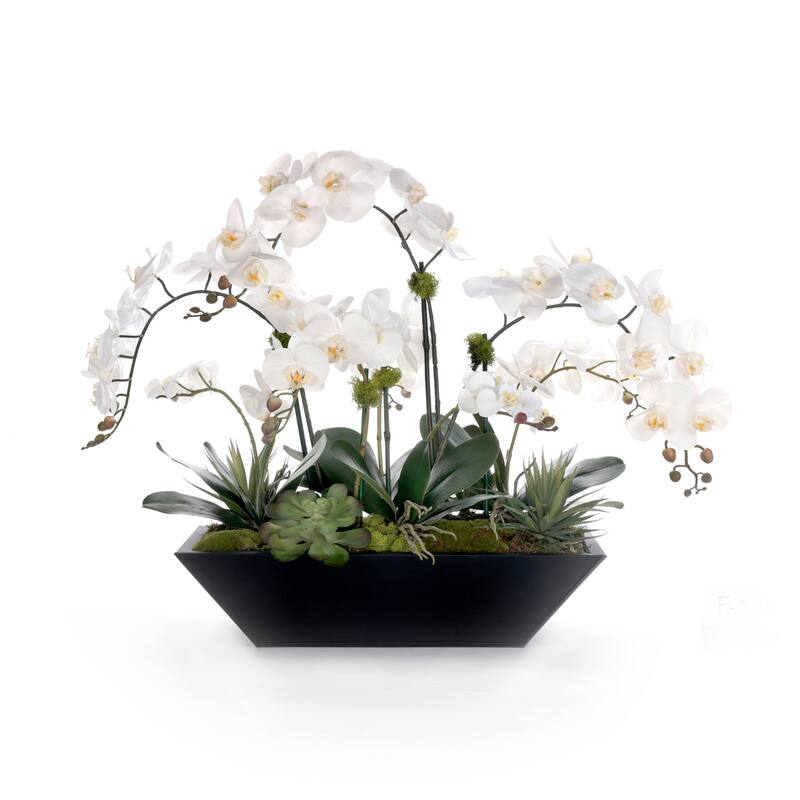 Real Touch White Orchid Flower Arrangement in Black Planter