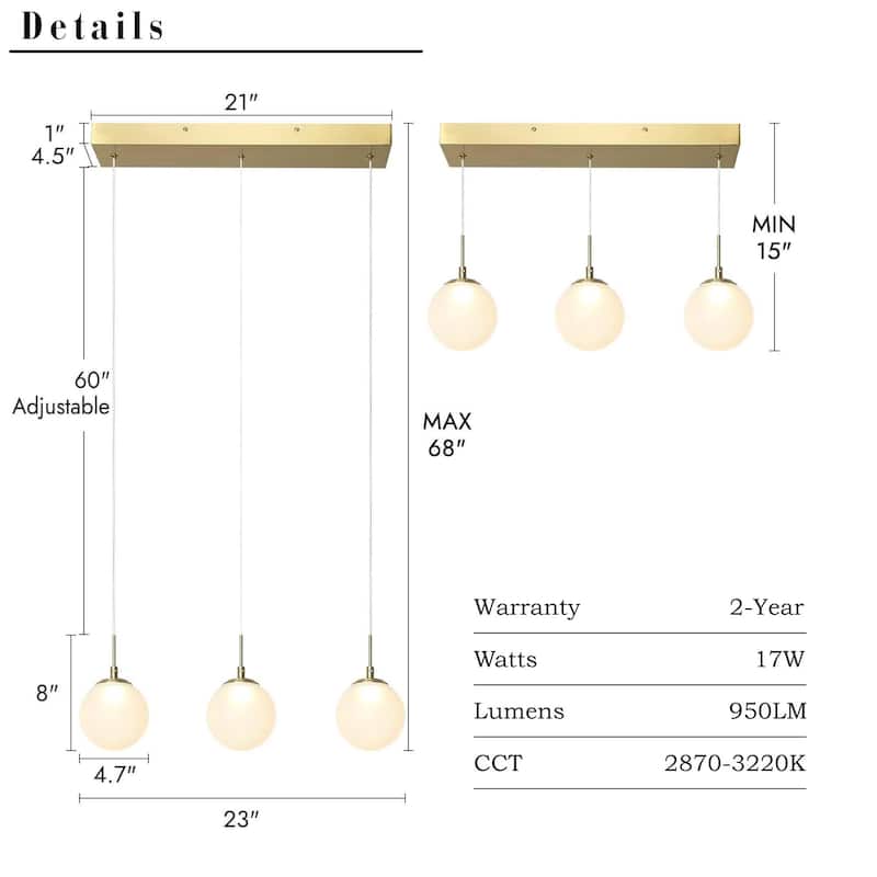 Modern 3-Light Gold LED Chandelier Linear Glass Island Lights for Dining Room - 23 “