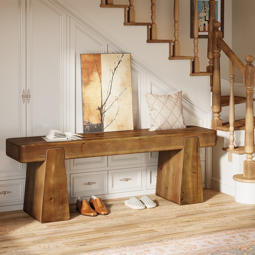 47 Inch Solid Wood Entryway Bench with Shoe Storage, 2 Tier Shoe Rack, Rustic Bench for Kitchen, Dining Room, Bedroom, Hallway