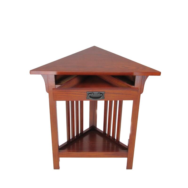 Mission Style Wooden Corner Table with 1 Drawer and Bottom Shelf, Brown