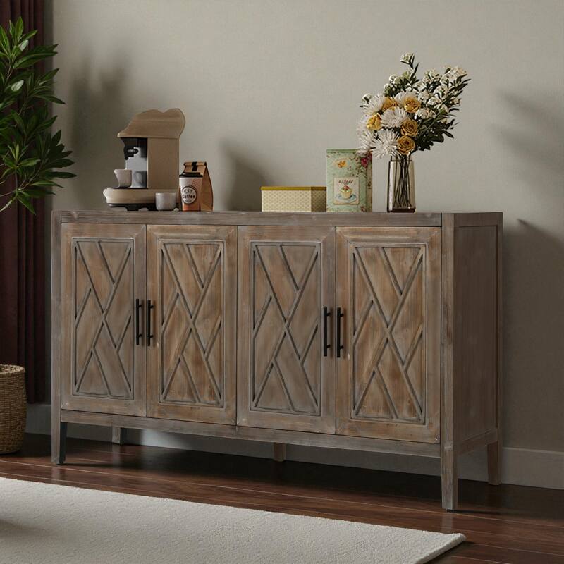 60" Modern Farmhouse 4-Door Sideboard Buffet Cabinet, Wood Accent Storage Console Table with Adjustable Shelf for Dining Room