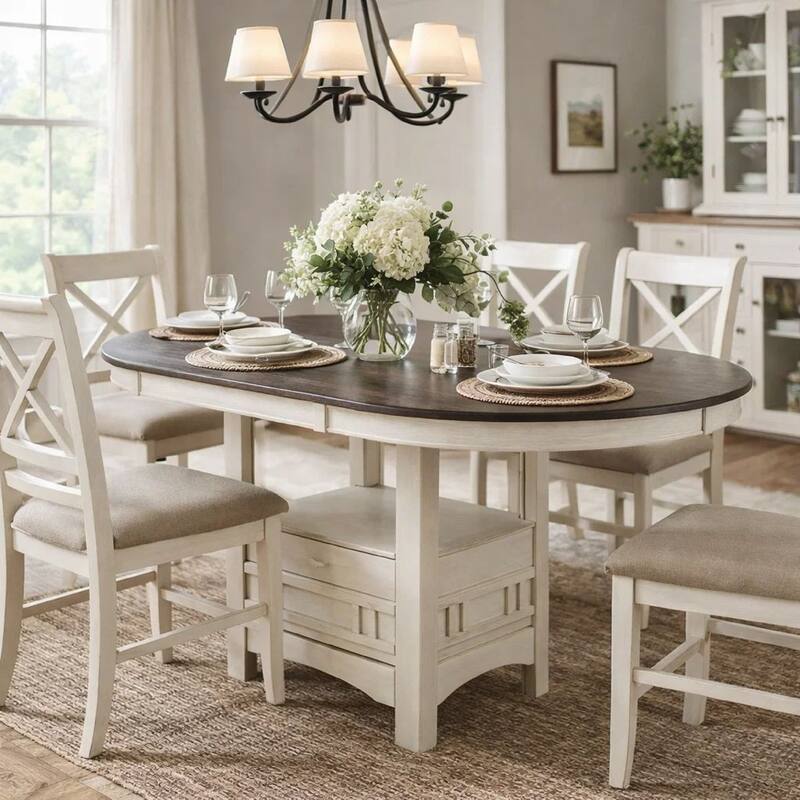 Glee 42-60 Inch Extendable Counter Height Table, Antique White and Brown