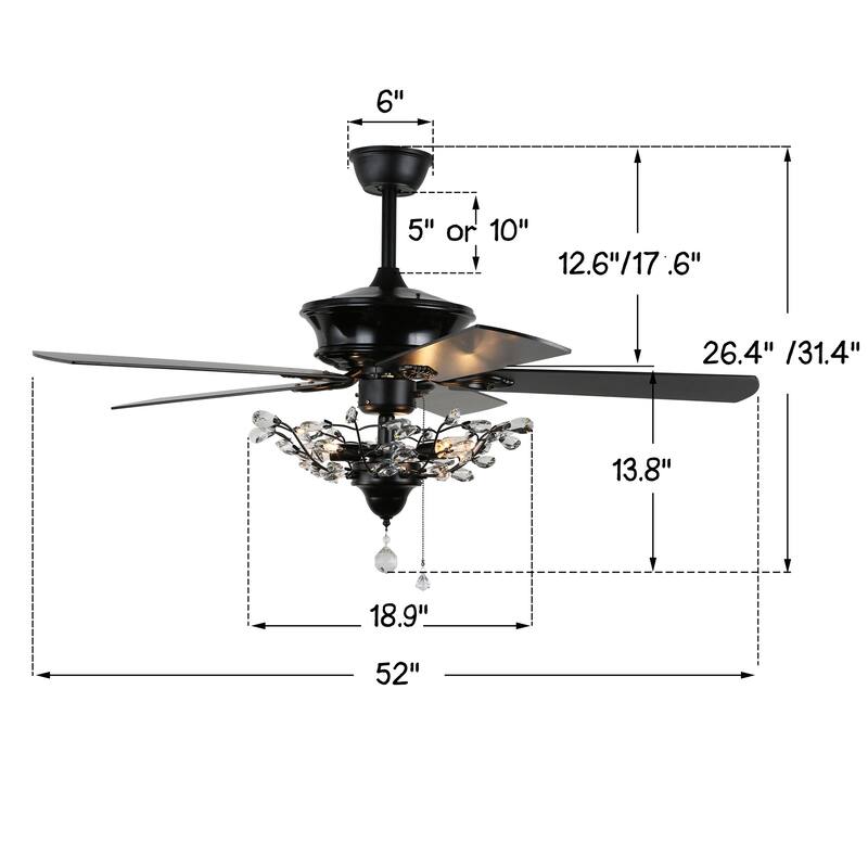 Bella Depot 52-inch Modern 5-Blade Reversible Branches Crystal Ceiling Fan with Light Kit and Remote, 3-Speed - 52"