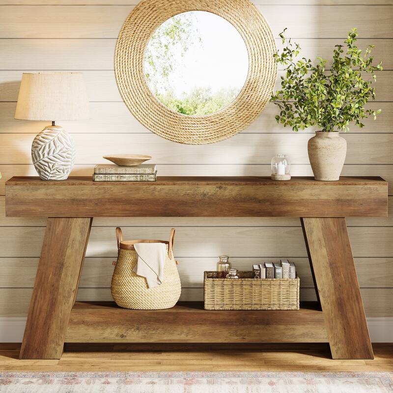 Industrial Rectangular Wooden 2-Tier Console Table for Extra Storage - Brown