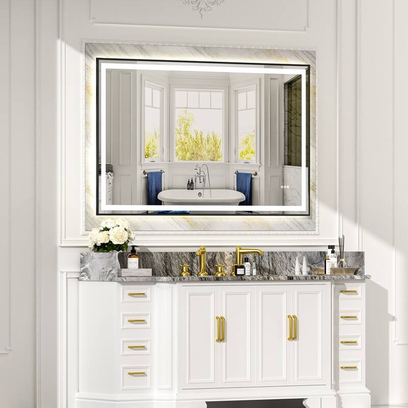 Black LED Bathroom Mirror with Tempered Glass, Anti-Fog and Dimmable