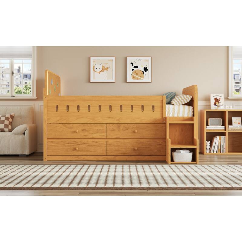 Roomfitters Full Size Wooden Bed with LED Headboard, 4 Storage Drawers and Ladder