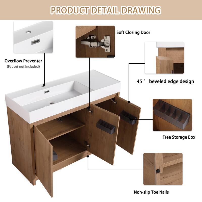 BNK 24/30/48/60 inch Freestanding Resin Sink Bathroom Vanity with Soft Close Door and Adjustable Shelf