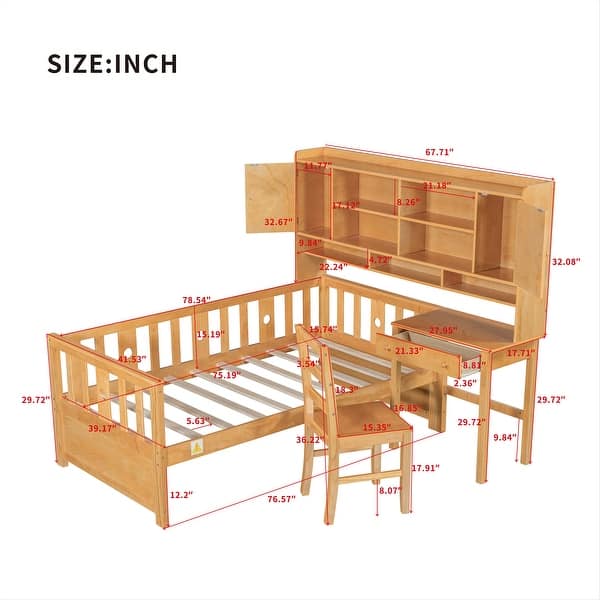 Twin Wood Bed with Integrated Desk Chair and Storage Bookshelf for Bedroom or Studio Workspace
