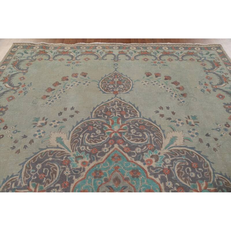 Hand Knotted Oriental 100% Wool Carpet Traditional Medallion Green Tabriz Area Rug - 10' 9'' X 7' 6''
