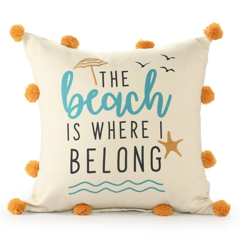 Beach Printed Square Throw Pillow with Pom-Pom - 18" - Beige and Orange