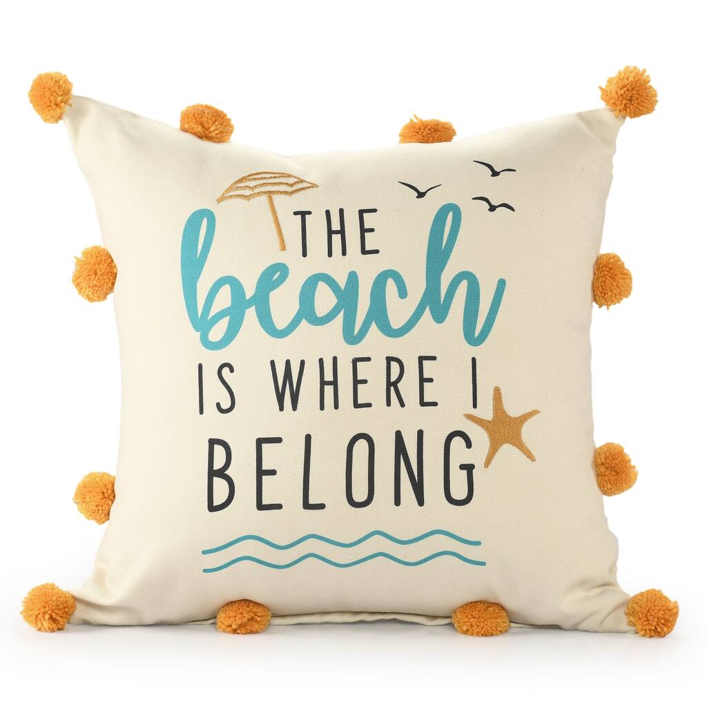 Beach Printed Square Throw Pillow with Pom-Pom - 18" - Beige and Orange