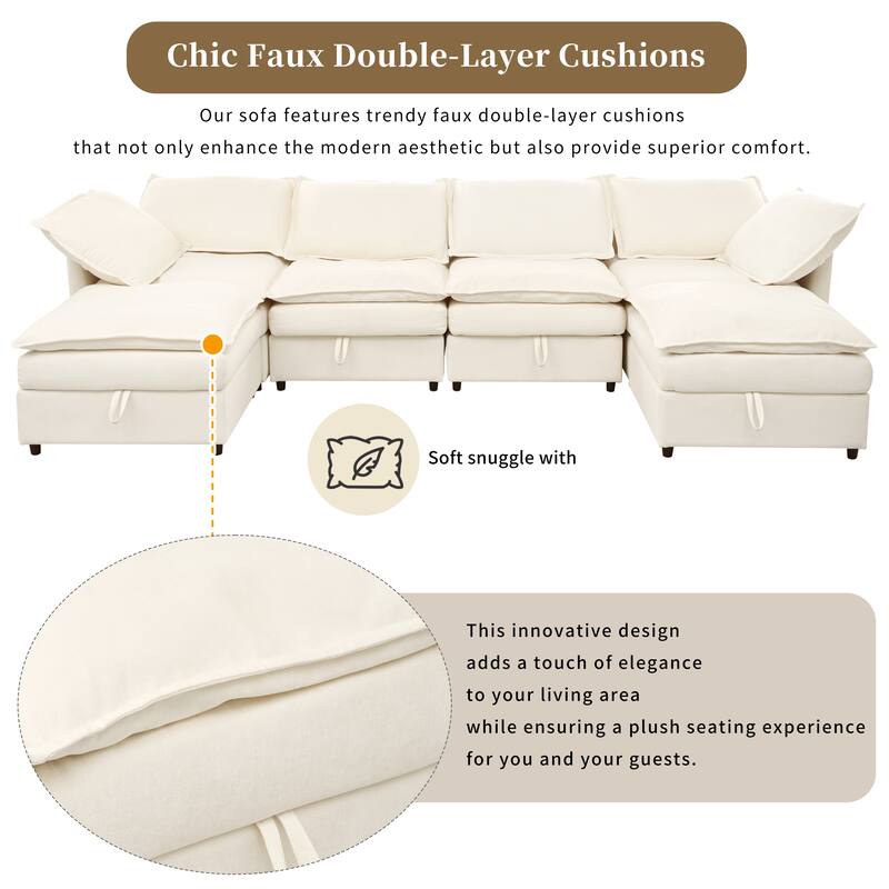 126" 6-Piece Modular Sofa Bed with Storage and Double-Layer Cushions