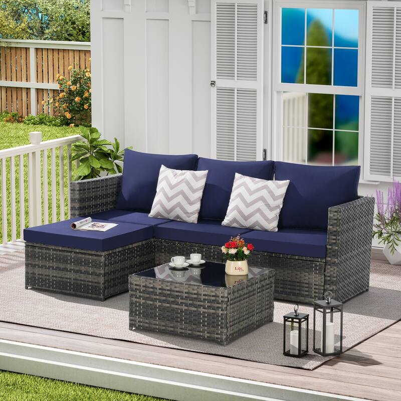 Wicker Conversation Set with Ottoman and Detachable Lounger, 2 Pieces Sectional Sleeper Couches for Backyard Poolside - Dark Blue