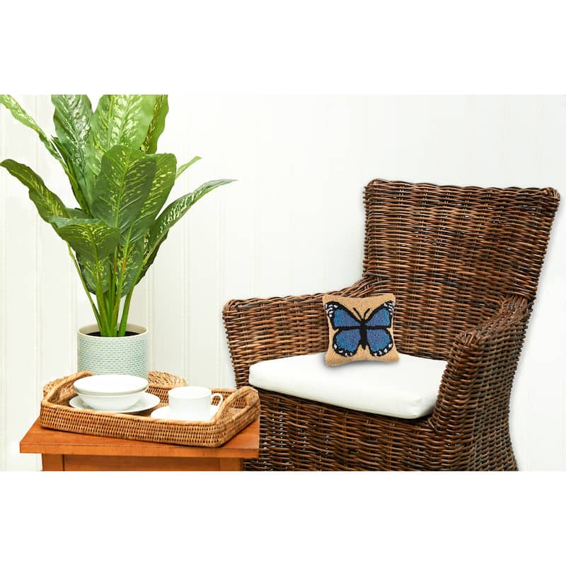 8" x 8" Blue Butterfly Hooked Pillow