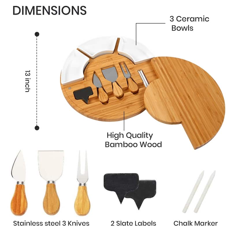 Vaiyer Charcuterie Cheese Cutting Board Set w/ Slide Out Board w 3 Knives, 3 Ceramic Bowls w 2 Slate Labels & Chalk Marker