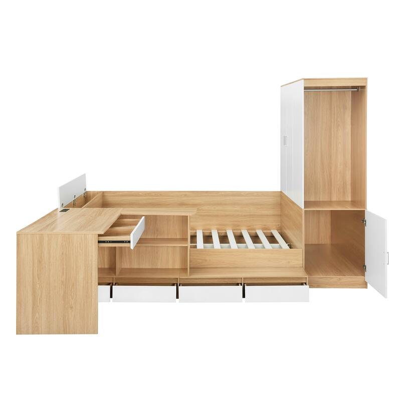 Full Size Wooden Platform Bed with 6 Drawers, Shelves, Desk, and Wardrobe