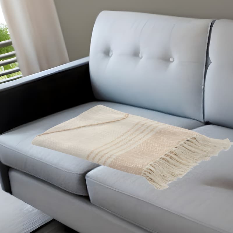 60" X 50" Beige Woven Cotton Striped Throw Blanket with Fringe - Throw