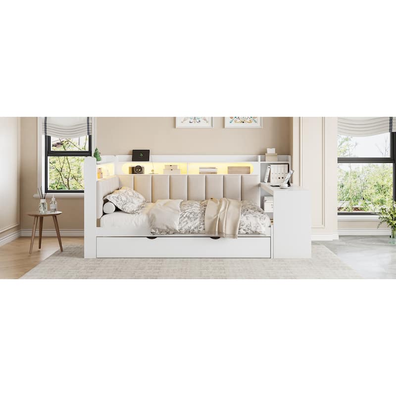 Roomfitters Full Daybed with Trundle, Charging Station and Upholstered Headboard