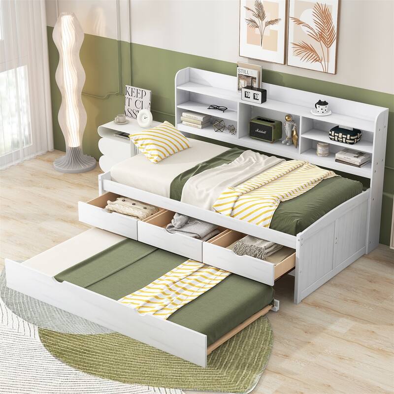 Twin Size Wooden Bed with Built-in Bookshelves,3 Drawers and Trundle