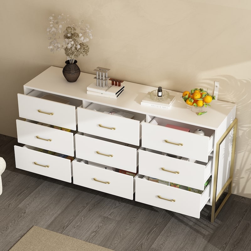 61.4” White 9-Drawer Dresser with Gold Metal Frame, Modern Storage Cabinet for Bedroom, Living Room or Entryway