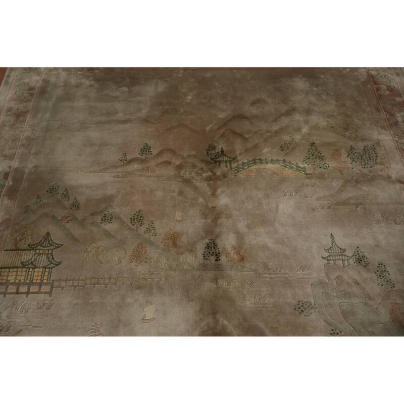 Hand Knotted Oriental Silk Carpet Traditional Pictorial Brown Art Deco Area Rug - 9' 2'' X 6' 0''