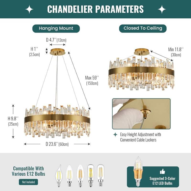 23.6 in. Brass Modern Crystal Chandelier 2-Tier Gold Luxury Crystal Pendant Light for Dining Living Room Bedroom