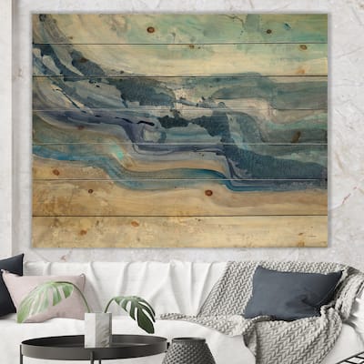 Designart 'Coast Blue Sea Waves Watercolour' Modern Farmhouse Print on Natural Pine Wood