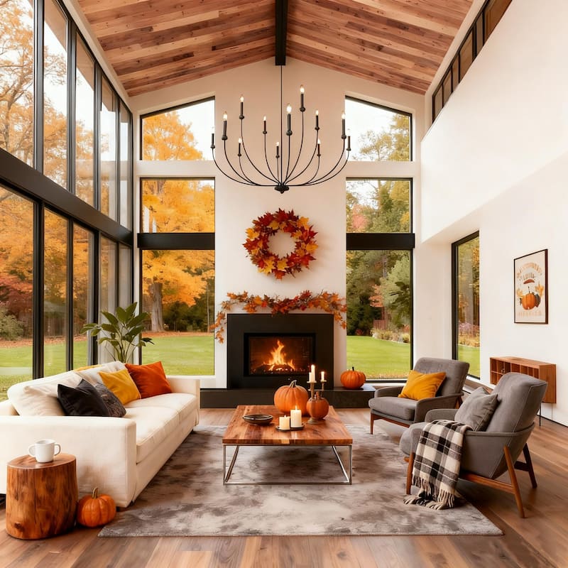 Oriea Modern Transitional 2-Tier 12-Light Black Wheel Chandelier for Large Living Dining Room Entryway - Dia. 48.8" x H 31.5"