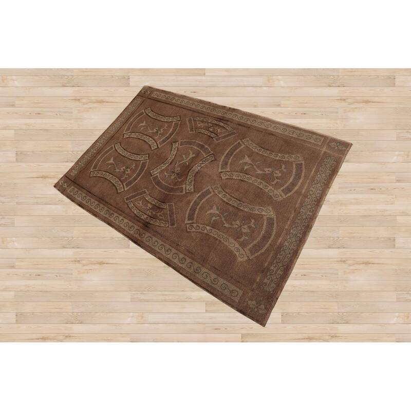 Hand Knotted Tibetan Taupe All-Over Wool & Silk Transitional Area Rug - 3' 10'' x 5' 8''