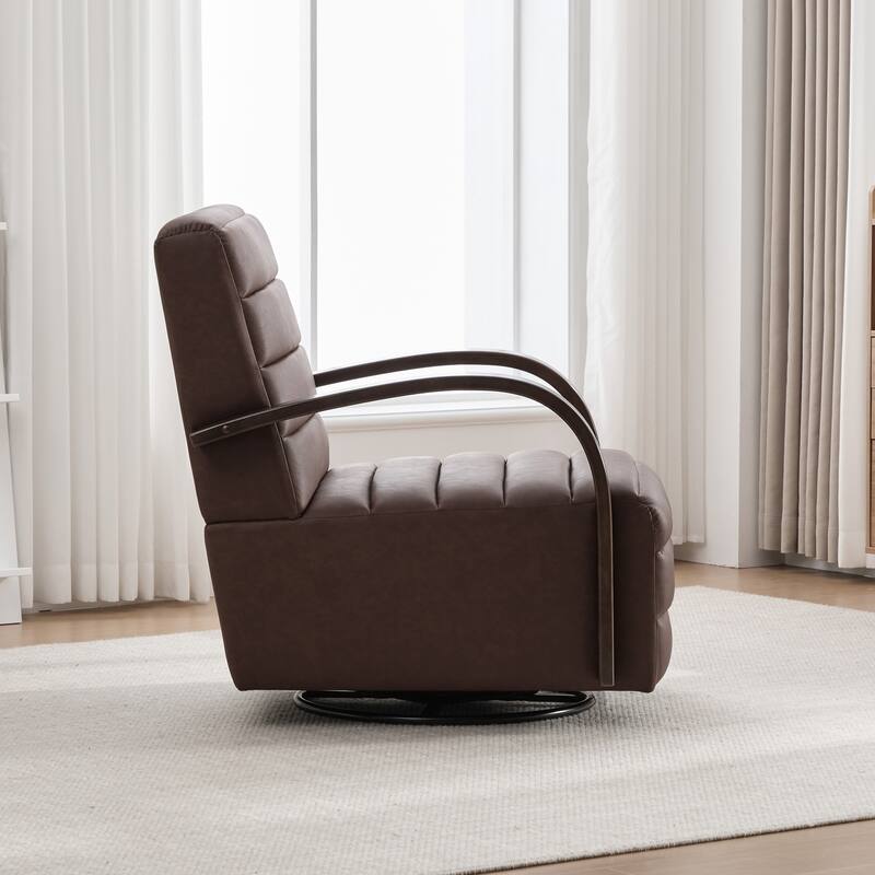 30.3"W Upholstered Swivel Accent Chair with Solid Wood Armrests, Channel Tufted Lounge Chair Single Reading Sofa Chair